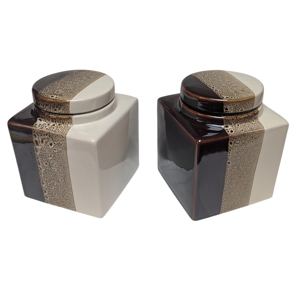 Pier 1 Canister Set Brown Tri Color Reactive Glaze 2pc Stoneware Canister